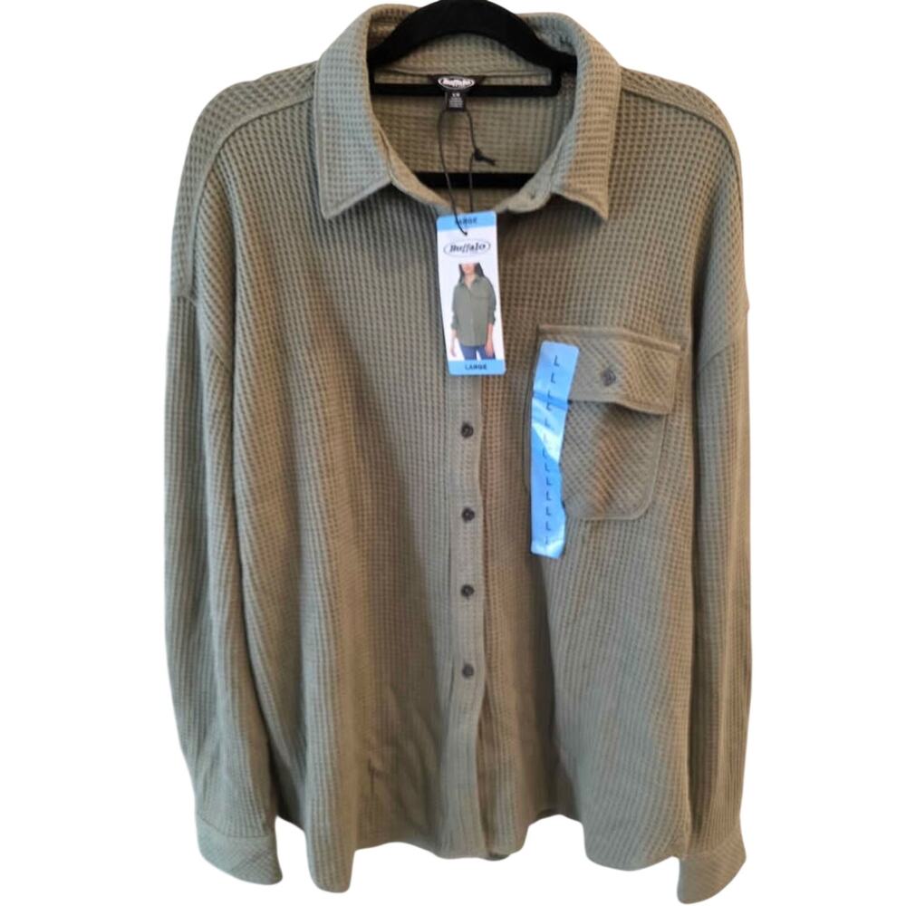 NWT Buffalo Jeans Waffle Knit Button Up in Faded Sage - Size L